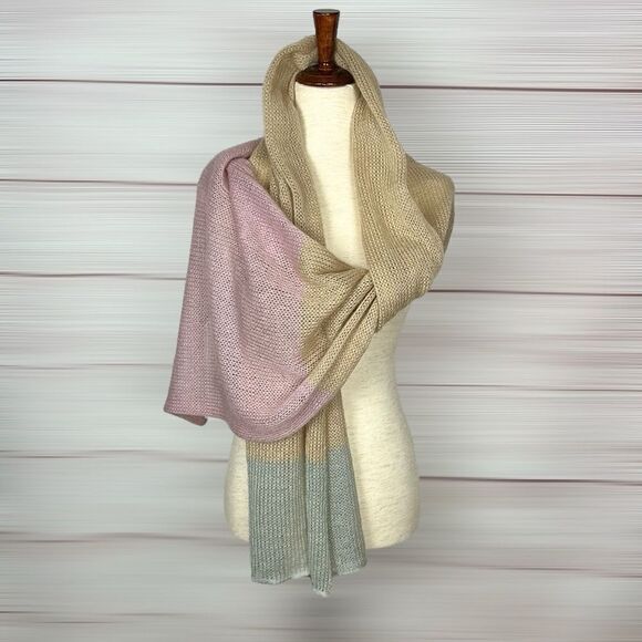 Lightweight Oblong Scarf Kid Mohair Blend Beige Pink Gray made in France - Picture 5 of 9